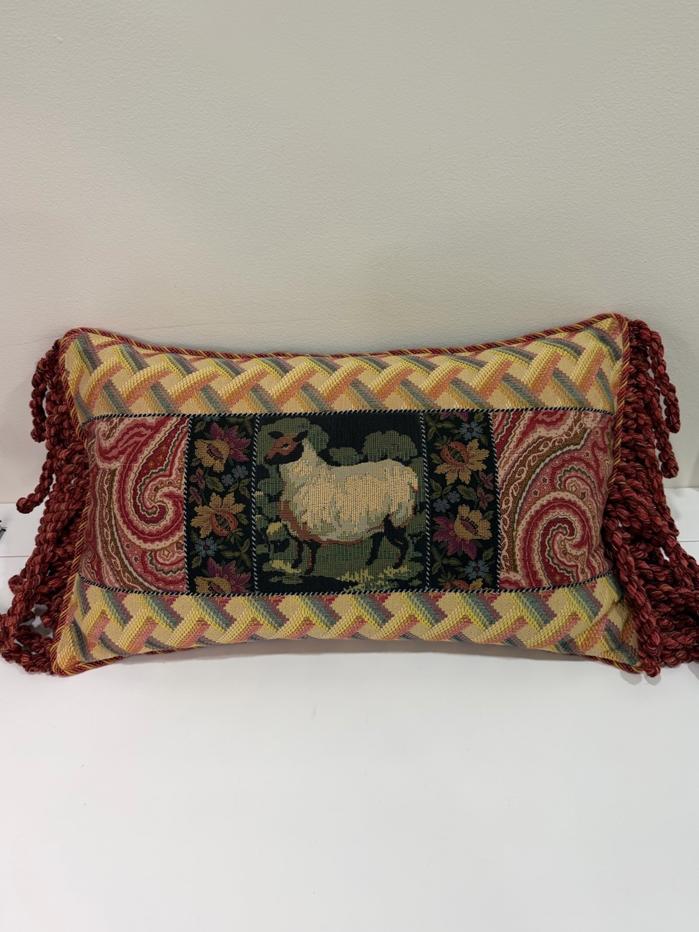 Sweet Dreams Inc Sheep Tapestry Tassel Lumbar Pillow Cottagecore Grandmillennial